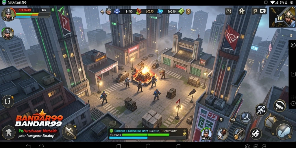 Screenshot gameplay BANDAR99 menampilkan pertahanan menara yang strategis dan serangan musuh yang intens.