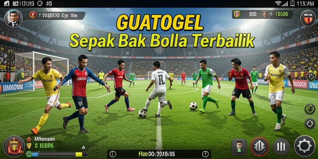 Screenshot gameplay GUATOGEL menampilkan aksi seru di lapangan sepak bola.