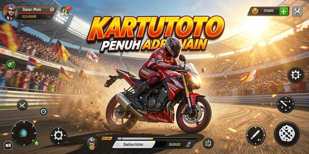 Tampilan gameplay KARTUTOTO dengan motor balap yang cepat dan trek yang menantang.