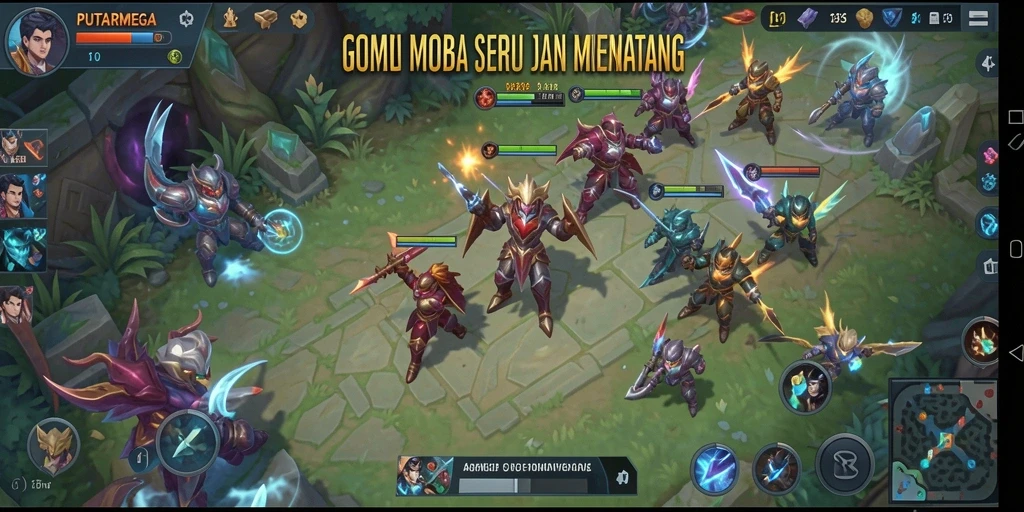 Tampilan gameplay seru di PUTARMEGA dengan aksi MOBA yang mendebarkan.