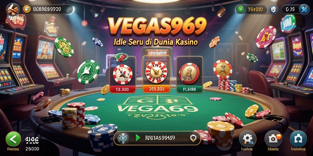 Screenshot gameplay <strong>VEGAS969</strong> menampilkan suasana kasino yang cerah dan aktivitas idle yang menarik.