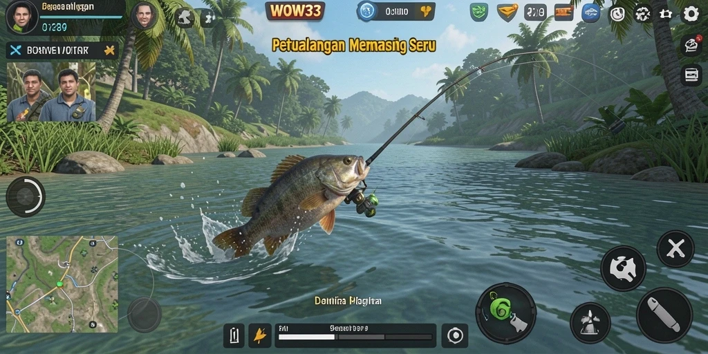 Tampilan gameplay WOW33 dengan aksi memancing yang seru.
