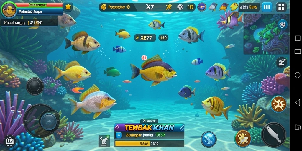 Tampilan gameplay XE77 saat menembak ikan di bawah laut.